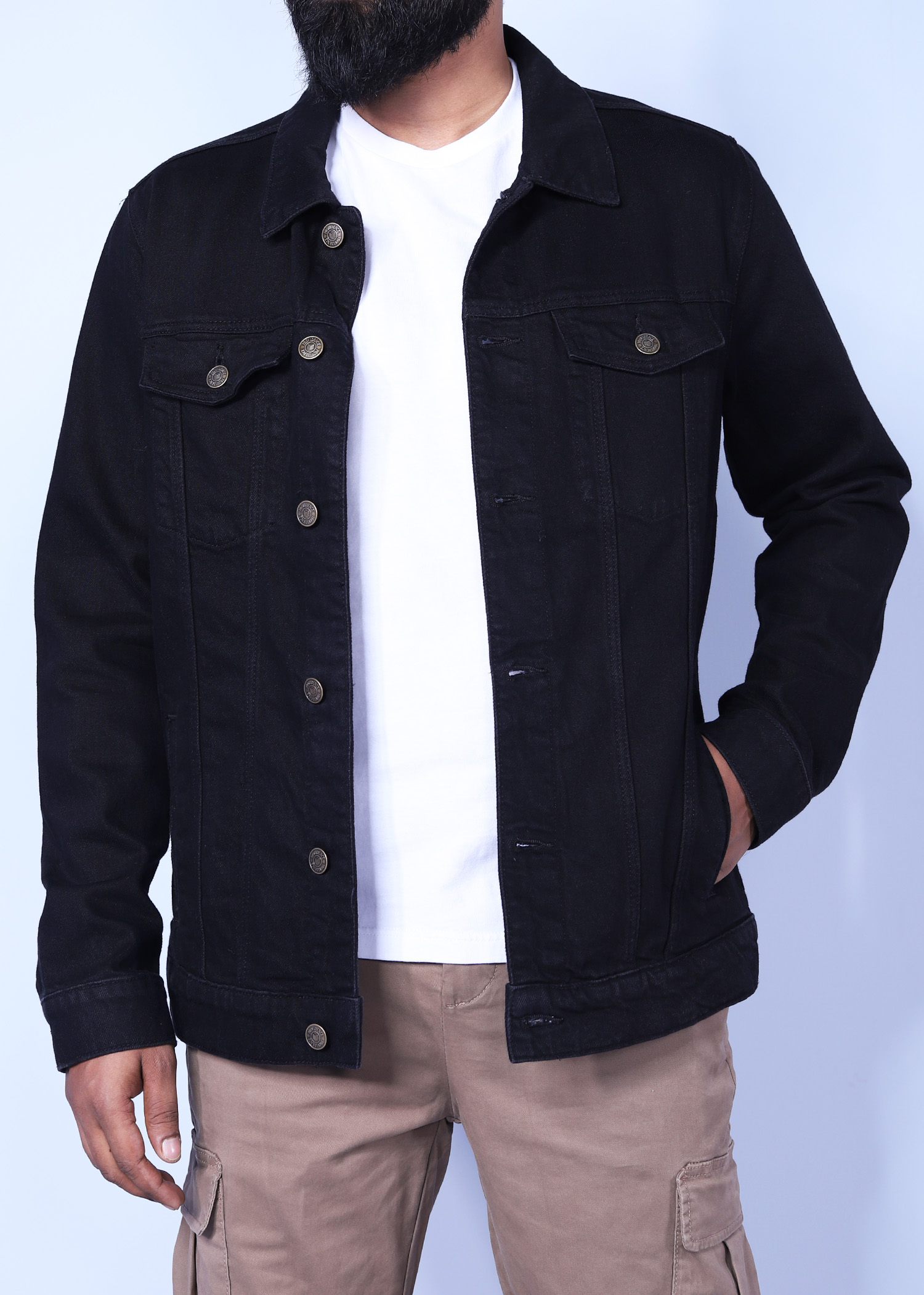 riga-i-denim-jecket-black-color-half-front-view Men’s Denim Jacket - Image 1